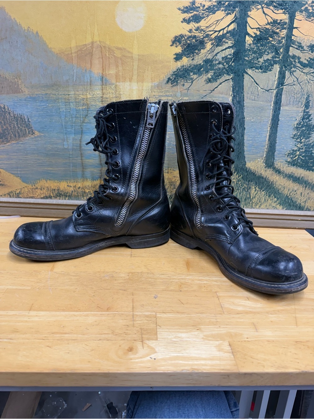 Black Leather Lace-Up side Zip Combat Boots for Men, scovill zipper, size 9 USA